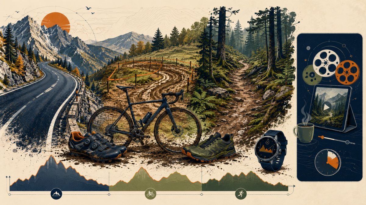Route de montagne, circuit de cyclo-cross et sentier de trail avec vélo, chaussures et profil d’effort.
