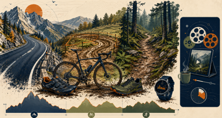 Route de montagne, circuit de cyclo-cross et sentier de trail avec vélo, chaussures et profil d’effort.